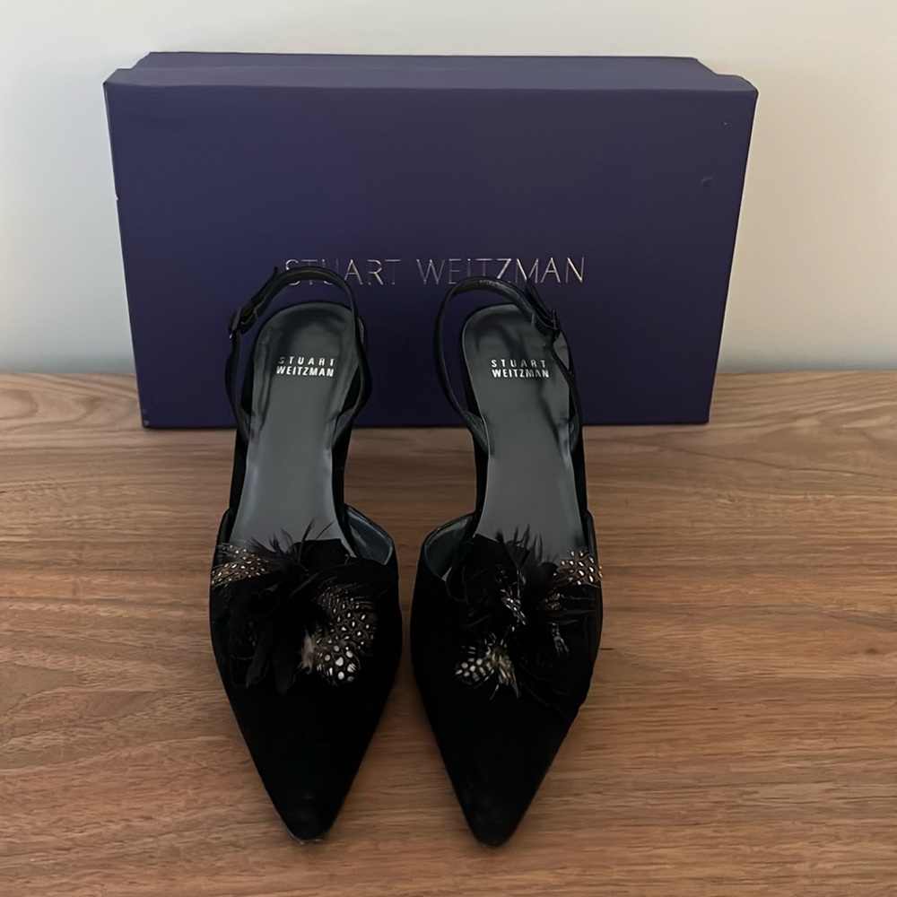 Stuart Weitzman Sling Back Heel Pumps Black Feather Suede Size 8 Narrow